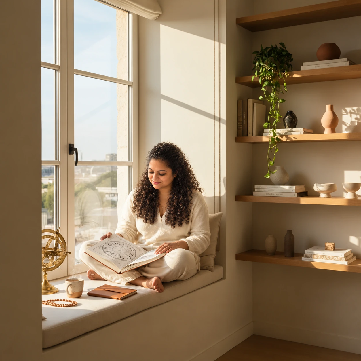 Dahlia studies an astrological chart by a window in morning light