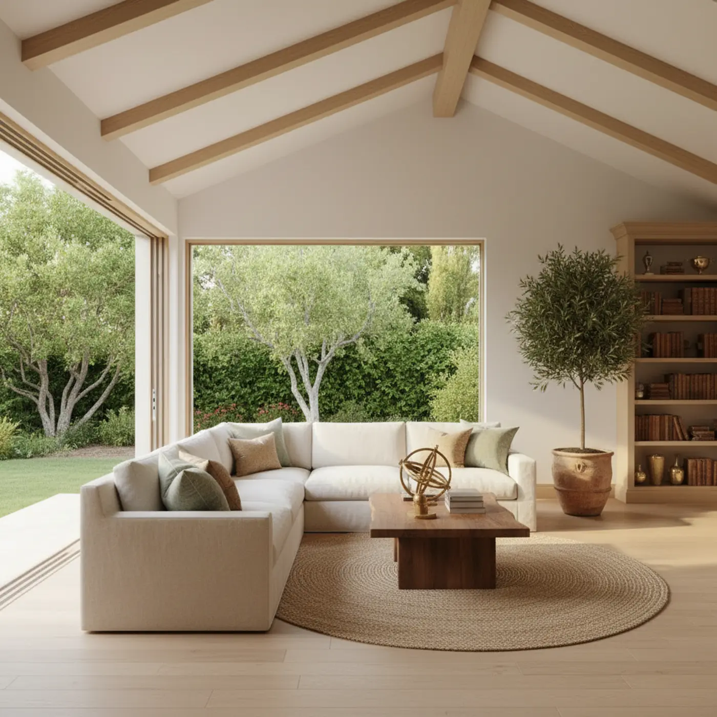 Sala de planta abierta con techo abovedado y puertas al jardín, revisada con Vastu