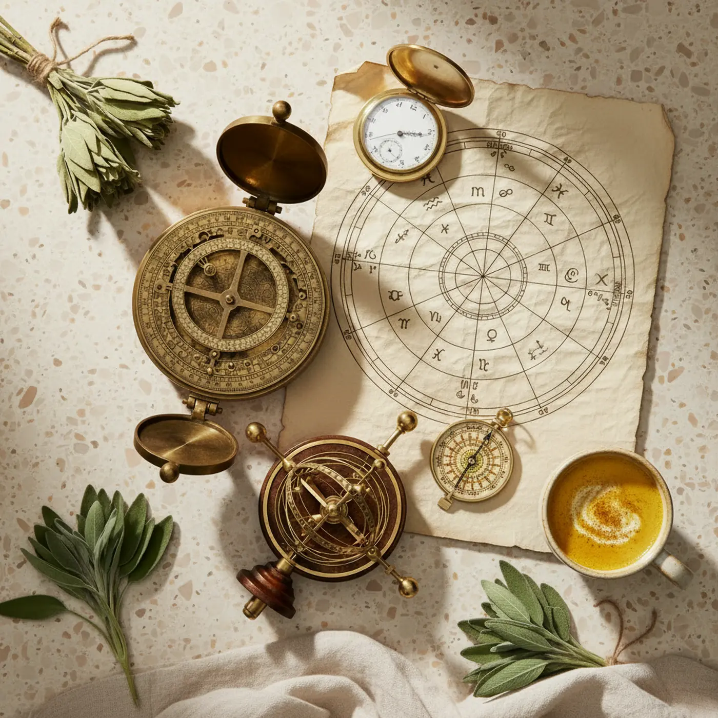 Carta astral, brújula de bronce, esfera armilar y hierbas secas sobre una mesa